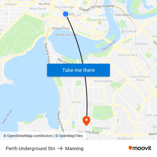 Perth Underground Stn to Manning map