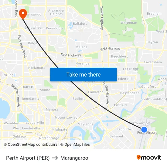 Perth Airport (PER) to Marangaroo map