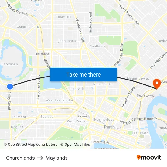 Churchlands to Maylands map