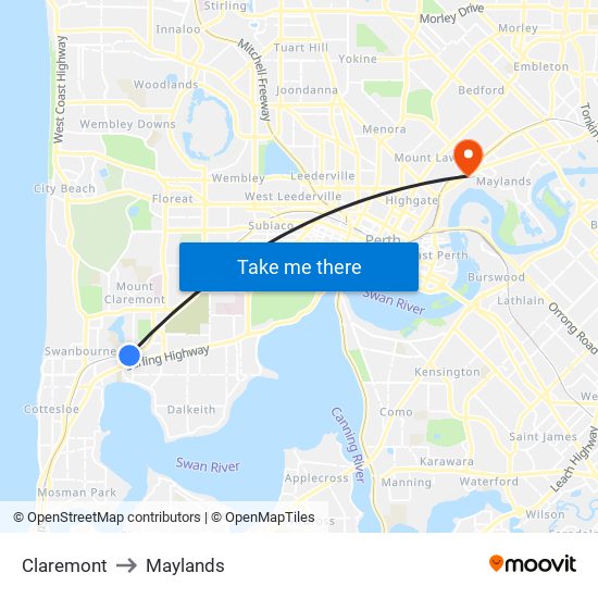 Claremont to Maylands map