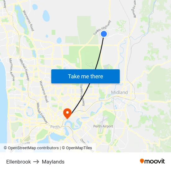 Ellenbrook to Maylands map