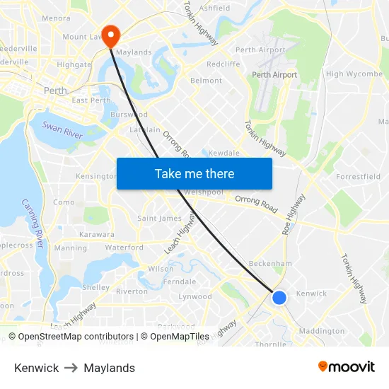 Kenwick to Maylands map
