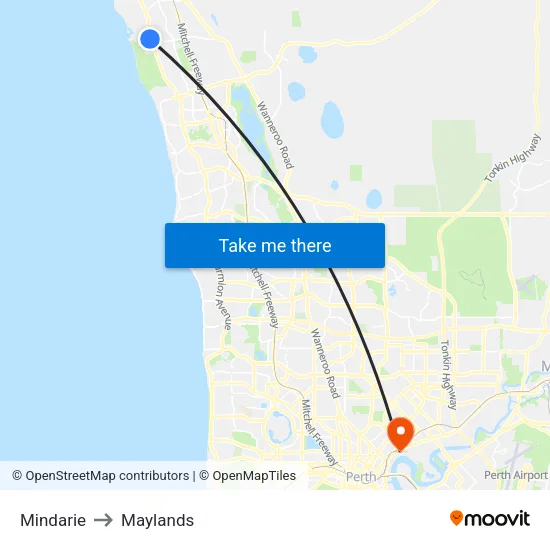 Mindarie to Maylands map