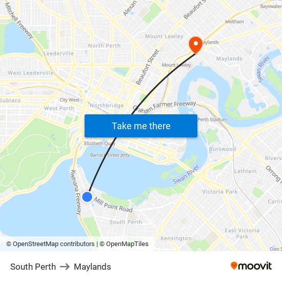 South Perth to Maylands map