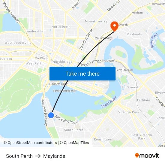 South Perth to Maylands map