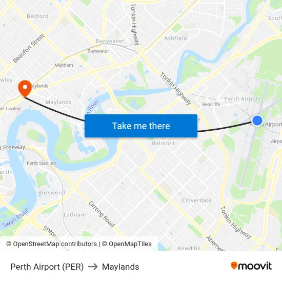 Perth Airport (PER) to Maylands map