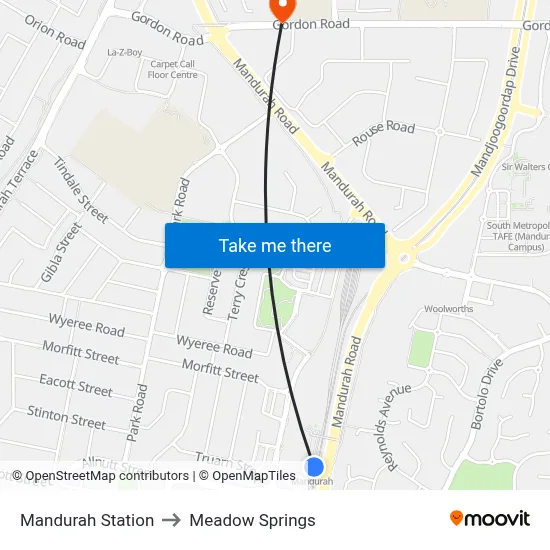 Mandurah Station to Meadow Springs map