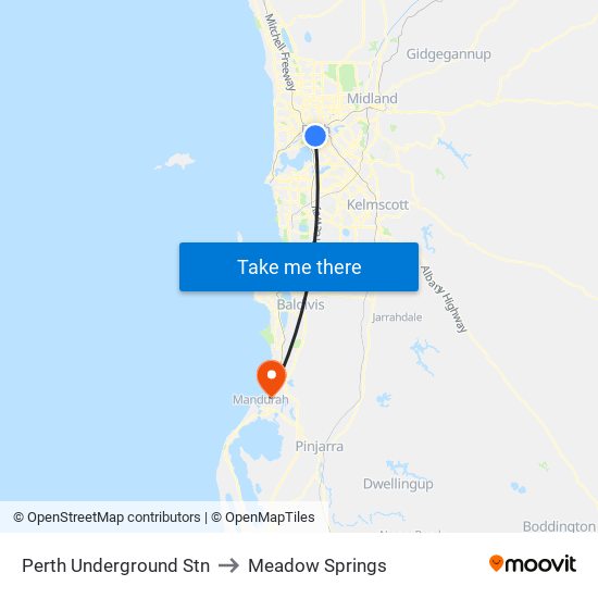 Perth Underground Stn to Meadow Springs map