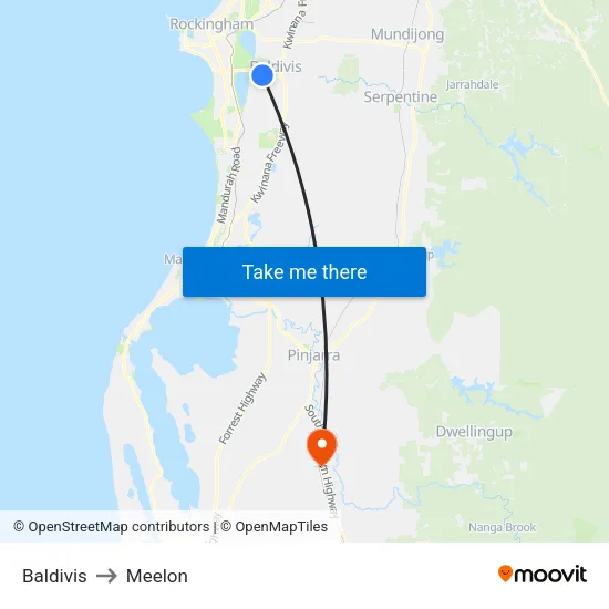 Baldivis to Meelon map