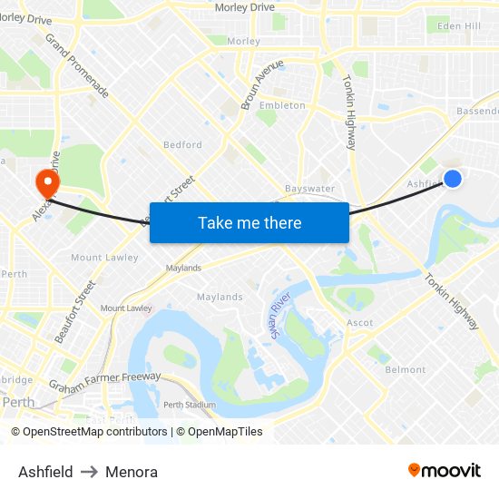 Ashfield to Menora map