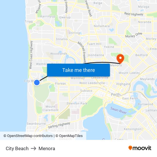 City Beach to Menora map