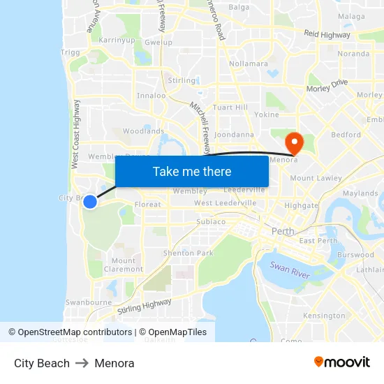 City Beach to Menora map