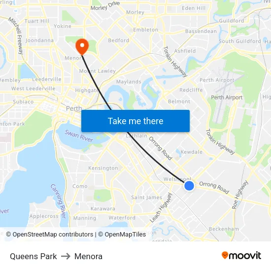 Queens Park to Menora map
