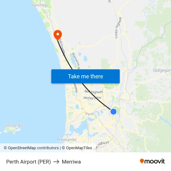 Perth Airport (PER) to Merriwa map