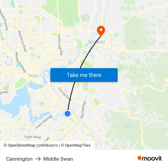 Cannington to Middle Swan map