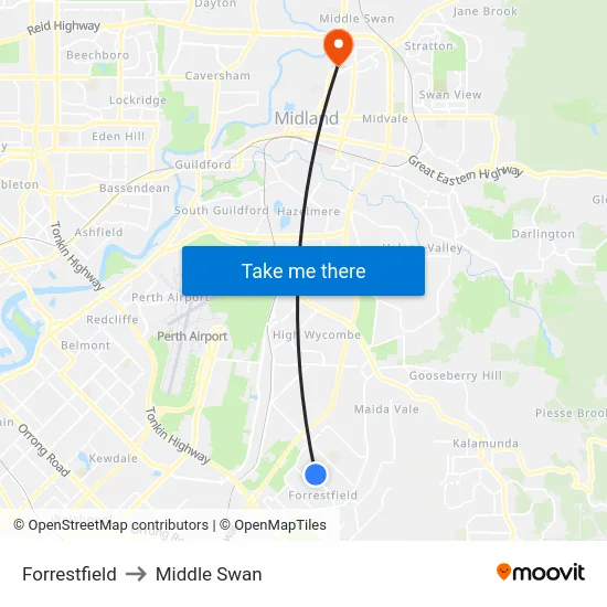 Forrestfield to Middle Swan map