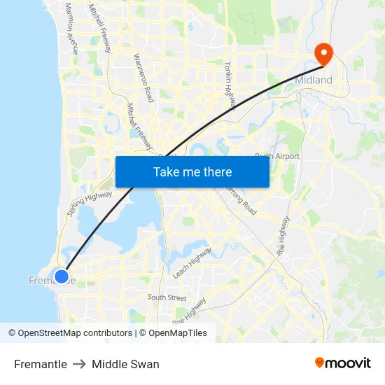 Fremantle to Middle Swan map