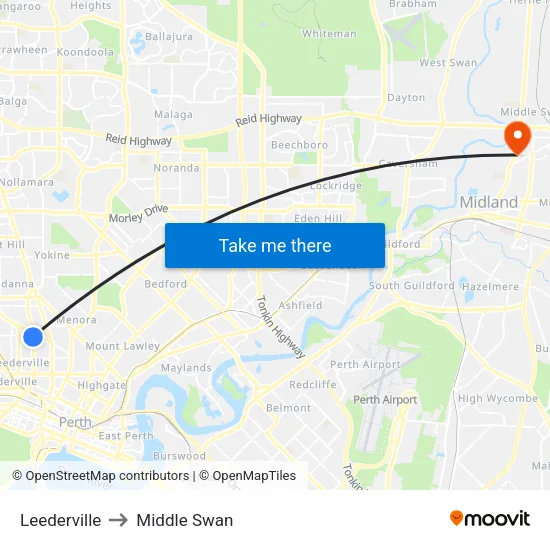 Leederville to Middle Swan map