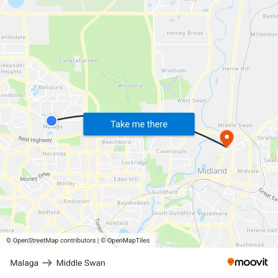 Malaga to Middle Swan map