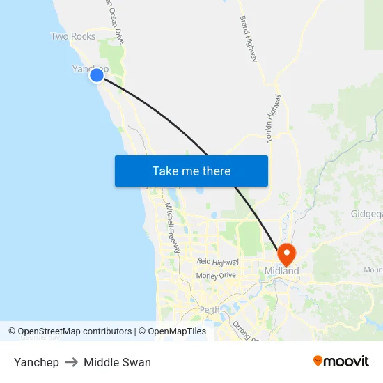 Yanchep to Middle Swan map
