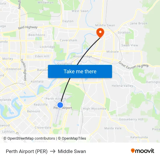 Perth Airport (PER) to Middle Swan map