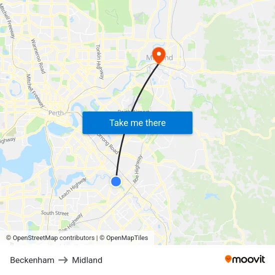 Beckenham to Midland map