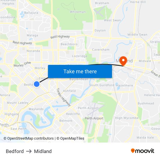 Bedford to Midland map