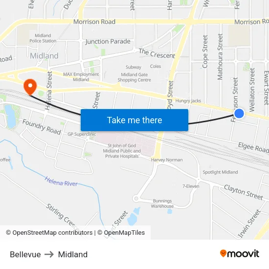 Bellevue to Midland map