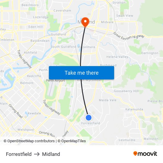 Forrestfield to Midland map