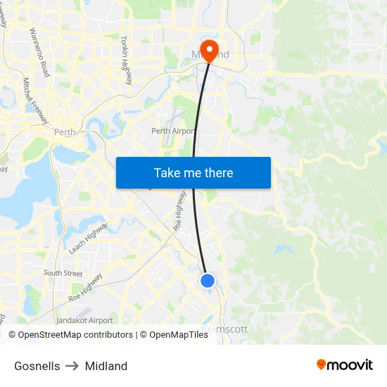 Gosnells to Midland map