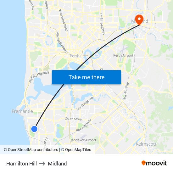 Hamilton Hill to Midland map