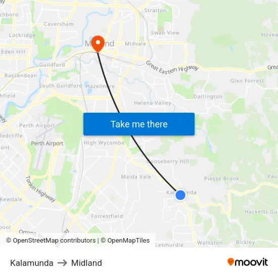 Kalamunda to Midland map