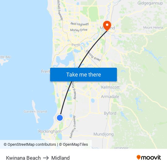 Kwinana Beach to Midland map