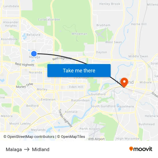 Malaga to Midland map