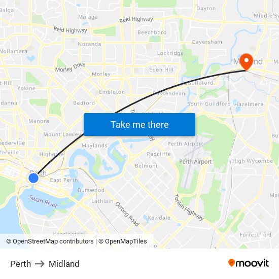 Perth to Midland map