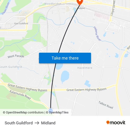 South Guildford to Midland map