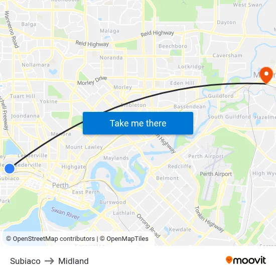 Subiaco to Midland map