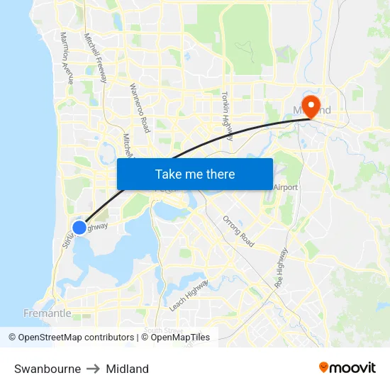 Swanbourne to Midland map