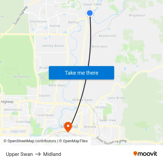 Upper Swan to Midland map