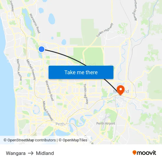 Wangara to Midland map