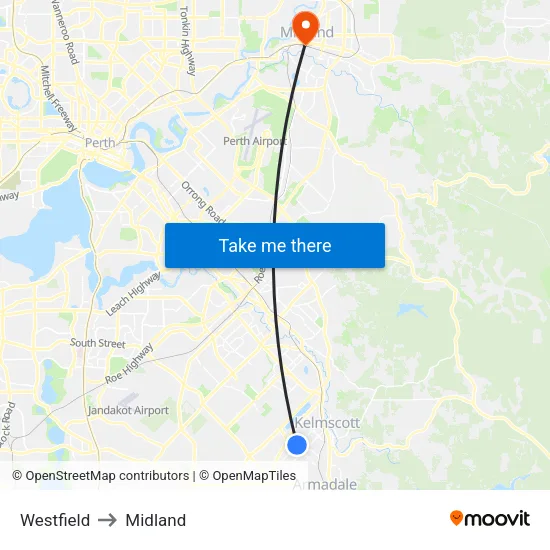 Westfield to Midland map