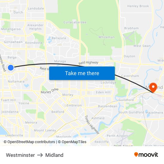 Westminster to Midland map