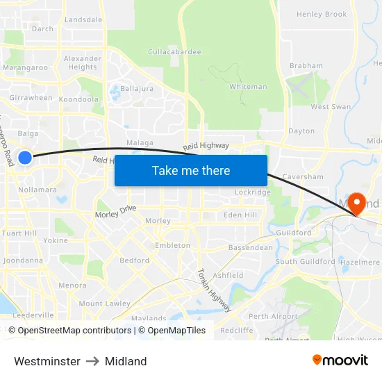 Westminster to Midland map