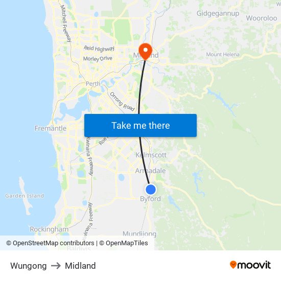 Wungong to Midland map