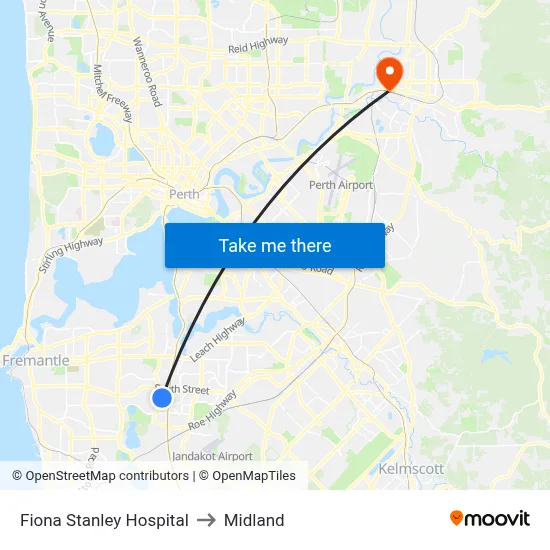 Fiona Stanley Hospital to Midland map