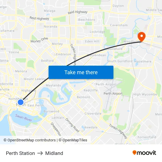 Perth Station to Midland map
