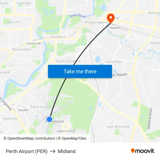Perth Airport (PER) to Midland map