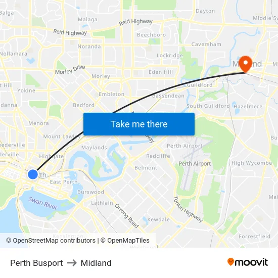 Perth Busport to Midland map