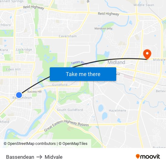 Bassendean to Midvale map