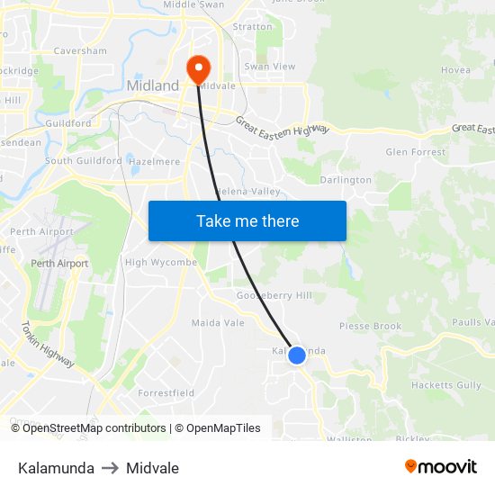 Kalamunda to Midvale map